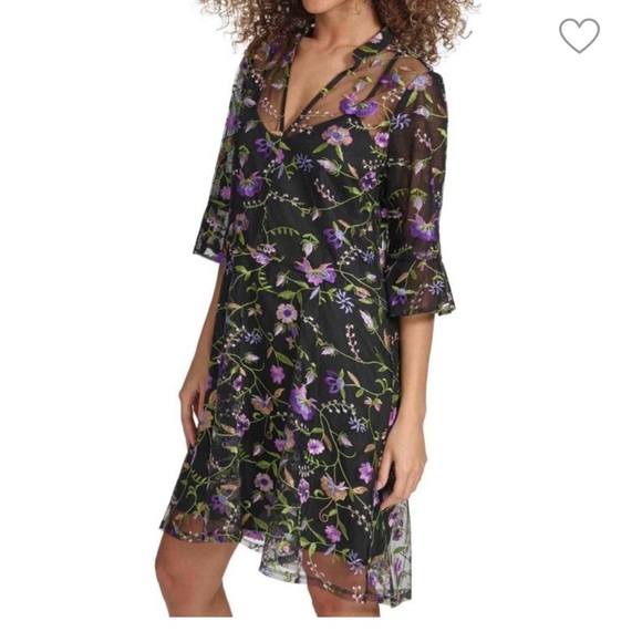 NWT Kensie Black Dress with Purple and Green Floral Embroidery - Picture 1 of 6
